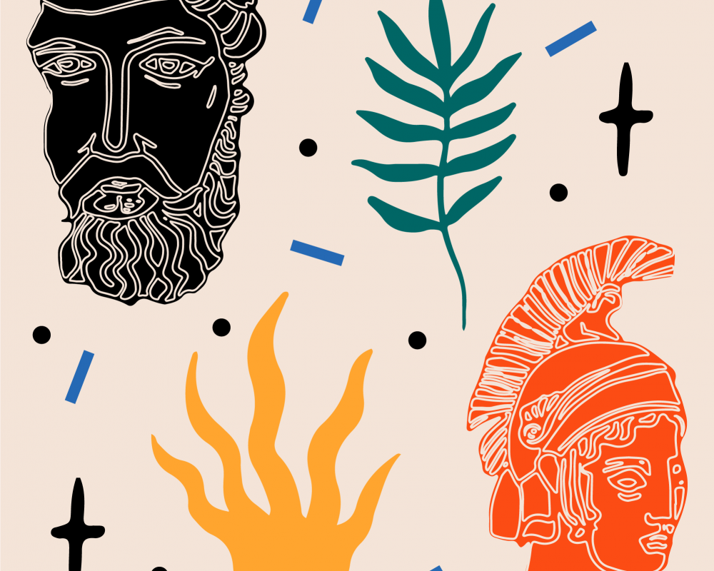 Ilustración colorida de cabezas de estatuas griegas con decoración de hojas.