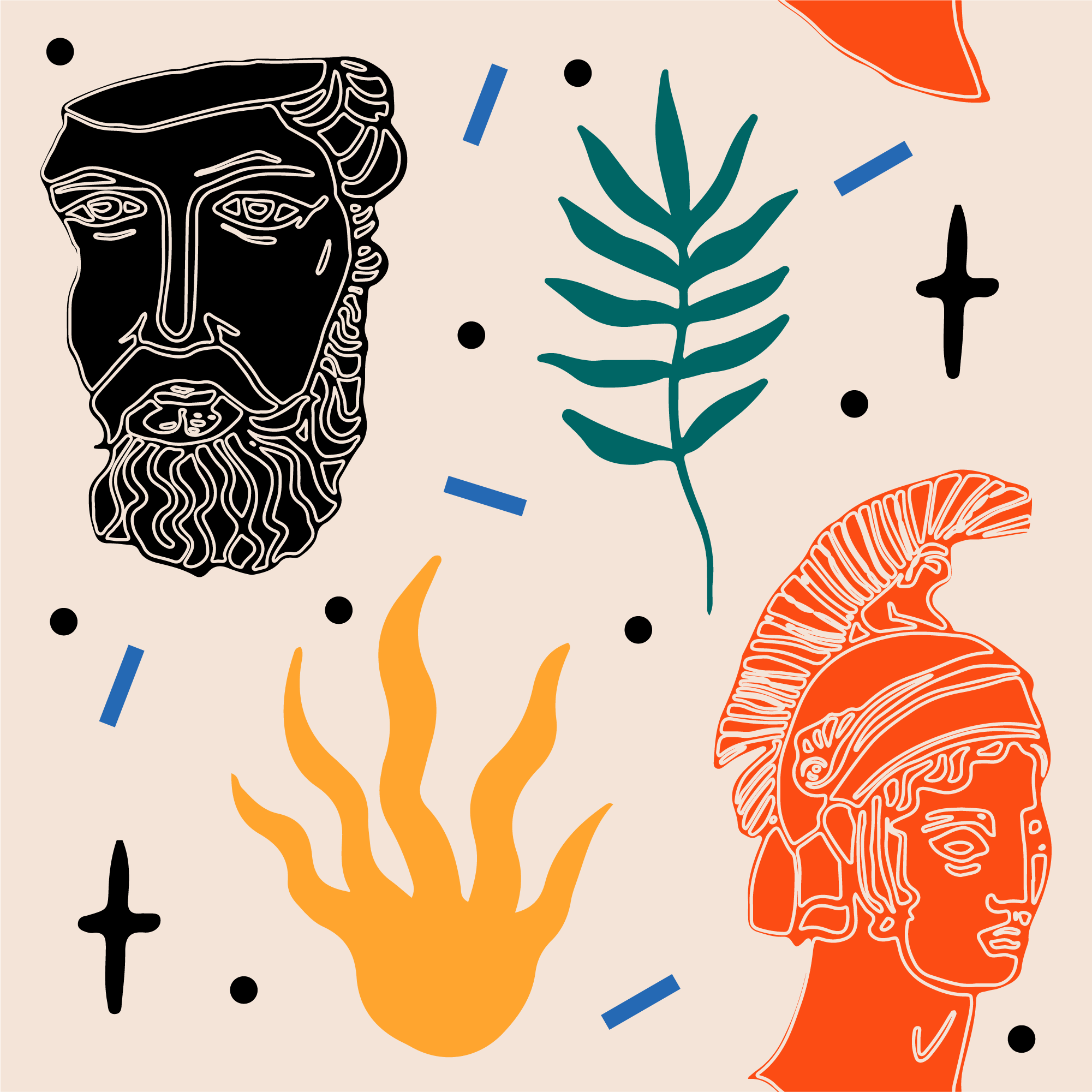 Ilustración colorida de cabezas de estatuas griegas con decoración de hojas.