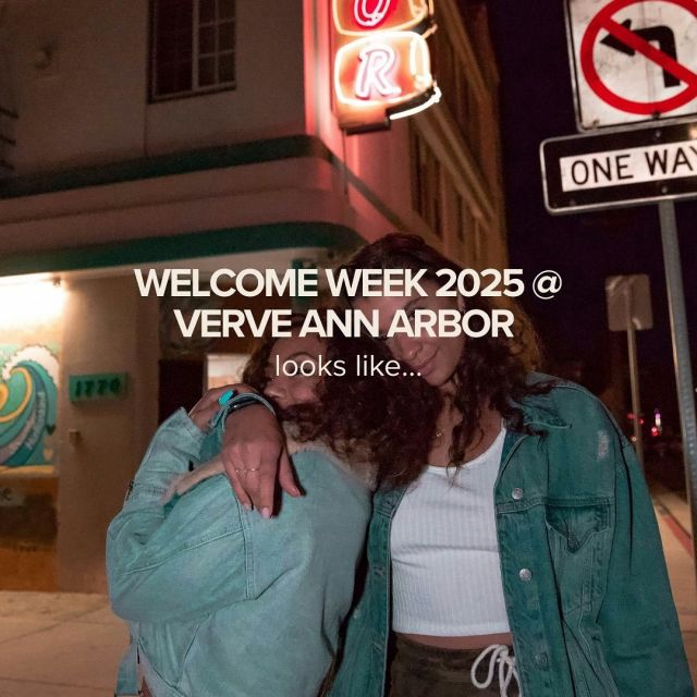 Welcome to Welcome Week: VERVE Edition ☀️ Reservations are available for all events through the VERVE Ann Arbor app!8.18: Rooftop Peachy Pilates w/ @peachlab.annarbor 8.19: Campus Essentials Giveaway8.20: Grocery Shuttle8.21: LineLeap Credit Giveaway + School Supply Pick-Up8.22: Rooftop Darty w/ @nolan.allison