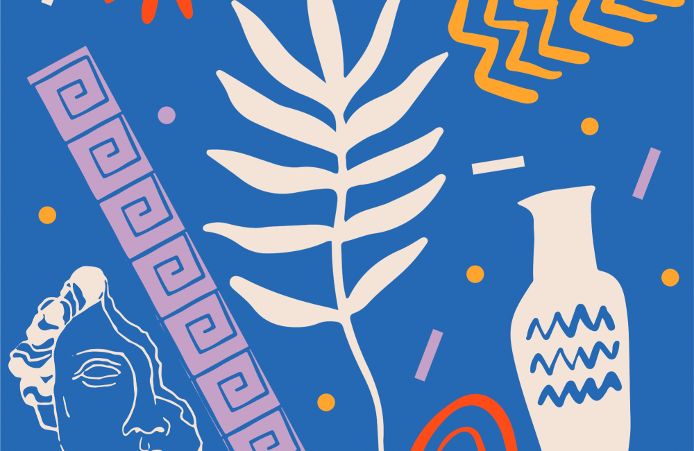 Abstract pattern of blue and beige Greek ancient vases