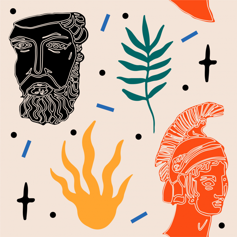 Ilustración colorida de cabezas de estatuas griegas con decoración de hojas.